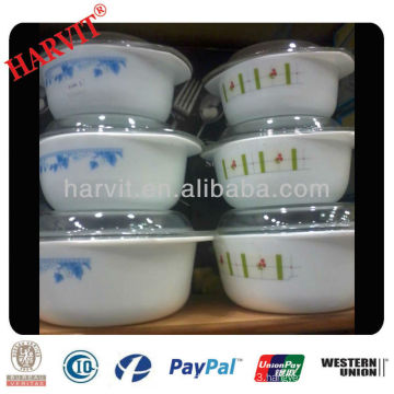 Heat-Resistant Glass 2.5 Quart Casserole Dish Lid Flower Blue on White Opal Glassware Bowls Set